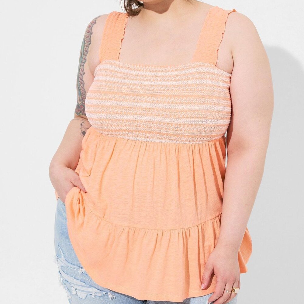 NWT Torrid Size 0 Cotton Modal Knit Smocked Babydoll Top Peach Orange and White